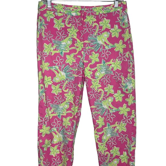 Lilly Pulitzer Pants Womens Petites 10P Cropped Pink Green Floral Hula Monkey - Picture 2 of 12